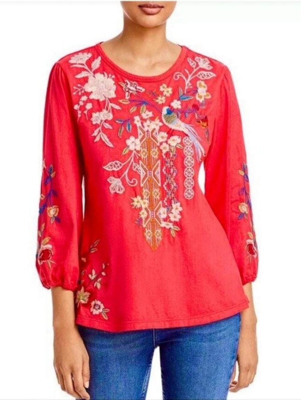 Johnny Was Ellia Embroidered Bird Floral Cotton Blouse in Coral Pink Size S